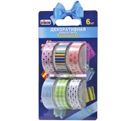 Клейкая лента 15мм*5м,(6шт/уп),декоративная,разноцветная,бумажная
