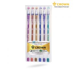 Набор гелевых ручек Crown "Hi-Jell Metallic" 6шт., 06цв., 0,7мм, металлик, ПВХ уп., европодвес HJR-5