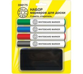 Набор маркеров для доски 4 шт. (зеленый, красный, синий, черный) + губка DOLCE COSTO