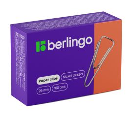 Скрепки BERLINGO 25мм/100шт,никелированные,треугольные с отогнутым носиком