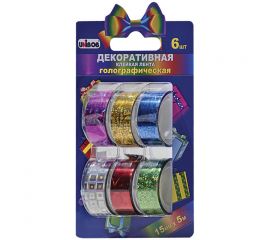 Клейкая лента 15мм*5м,(6шт/уп)декоратив.,разноцветная,голографическая