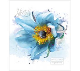 Скетчбук-блокнот 30л А5 на гребне ПЗБМ "Голубой цветок", 120г/м2, серая, УФ-лак,ТВИН-лак,тисн.фольг.