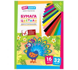 Цветная бумага двусторонняя A4, ArtSpace, 32 листа, 16 цветов, газетная, "Павлин"
