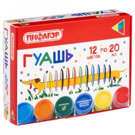Гуашь 12 цветов по 20 мл ПИФОГОР "Веселая такса"/18