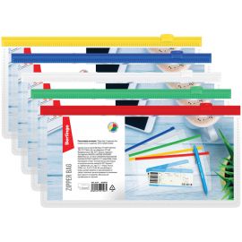 Папка-конверт на молнии BERLINGO, 255*130мм, 150мкм, прозрачная, ассорти, для ж/д и авиа билетов