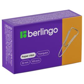Скрепки BERLINGO 32мм/100шт,никелированные,треугольные с отогнутым носиком