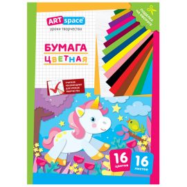 Цветная бумага A4, ArtSpace, 16 листов, 16 цветов, газетная, "Единорог"