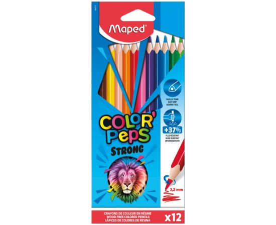 Карандаши цветные пластиковые Maped "Color'Peps Strong" 12цв.,трехран., заточен., картон, европодвес