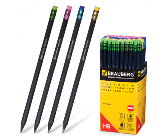 Карандаш  Brauberg с ластиком HB"Black Wood",черное дерево,заточенный