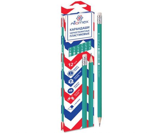 Карандаш простой с ластиком HB Attomex пластиковый зеленый/12/72