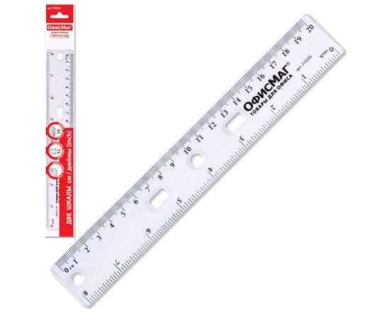 Линейка 20 см ОФИСМАГ, прозрачная,европодвес