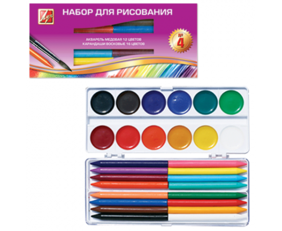 Набор для дет.творчества ЛУЧ№4(акварель12цв.медов.+16цв.мелки восковые,кисть.буклет)