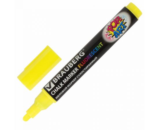 Маркер меловой brauberg pop-art , сухостираемый, для гладких поверхностей, 5 мм, желтый
