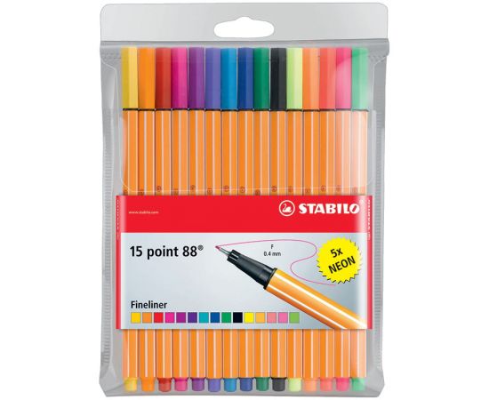 Набор капиллярных ручек Stabilo "Point 88" 15цв. (10 базовых+5 неоновых), 0,4мм