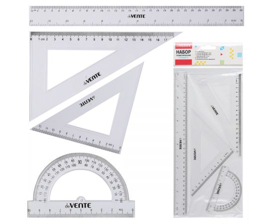Набор геометрический средний (линейка 30 см, 2 угольника, транспортир) прозрачный deVENTE