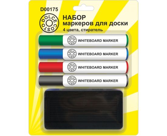 Набор маркеров для доски 4 шт. (зеленый, красный, синий, черный) + губка DOLCE COSTO