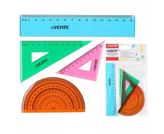 Набор чертежный 4 предмета, малый, (линейка 15 см, 2 треуг, трансп), пластик deVENTE 5092302