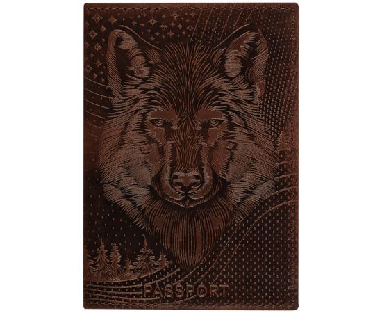 Обложка для паспорта OfficeSpace "Волк", кожа, тиснение, коричневая 339856