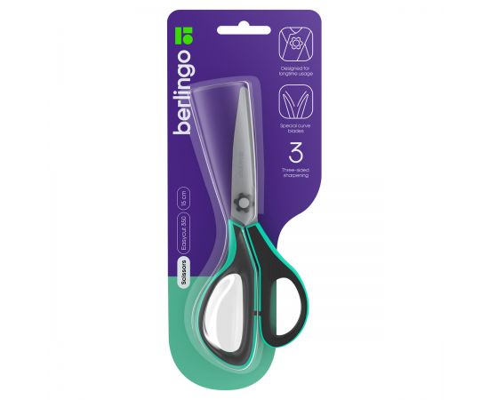 Ножницы Berlingo "Easycut 350", 15см, бирюзовые, эргономичные ручки, мягкие вставки, европодвес DNn_