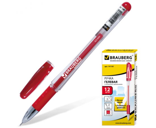 Ручка гелевая BRAUBERG, игольчатый узел,красная