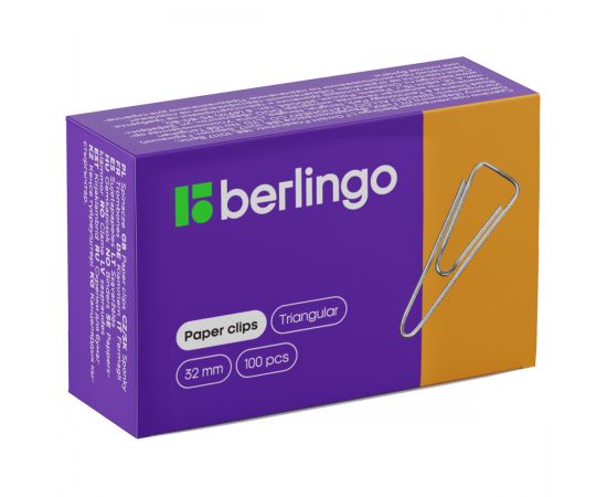 Скрепки BERLINGO 32мм/100шт,никелированные,треугольные с отогнутым носиком
