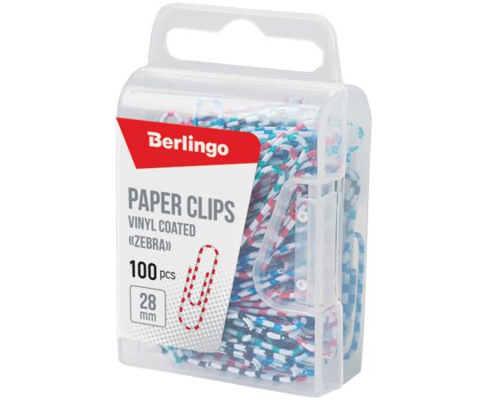 Скрепки 28мм, Berlingo "Зебра", 100шт., цветные, пласт. упак., европодвес DBs_28140