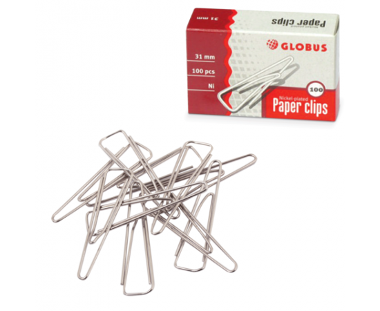 Скрепки ГЛОБУС 31 мм/100 шт,никелированные,треугольные