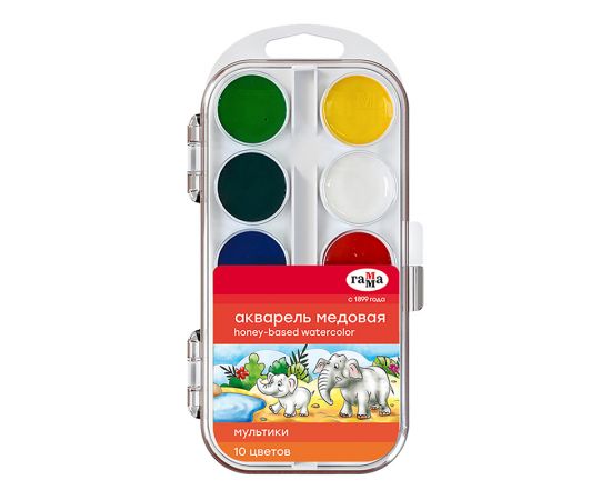 Акварель Гамма "Мультики" NEW, медовая, 10 цветов, без кисти, пластик. упак., европодвес 211046_10