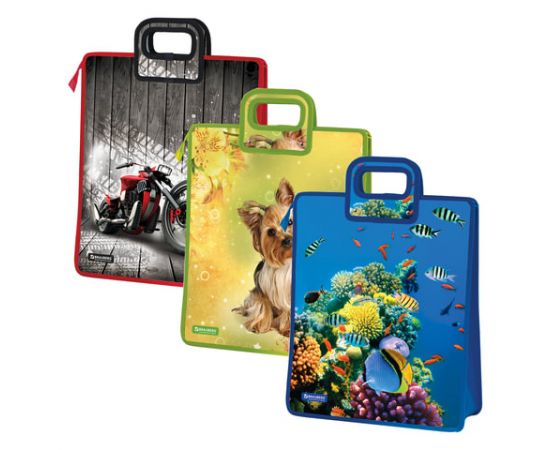 Сумка пластиковая BRAUBERG, ассорти "Щенок, Супербайк, Море", 1 отделение, на молнии, 43х35х13 см