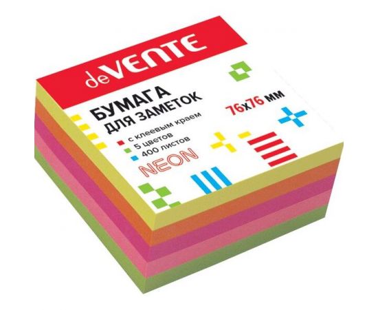 Бумага для заметок с клеевым краем deVente  неон  5 цветов, 76*76 мм , 400 л