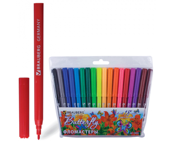 Фломастеры BRAUBERG,ассорти,вент.колпачек 18 цв.пластик.упаковка