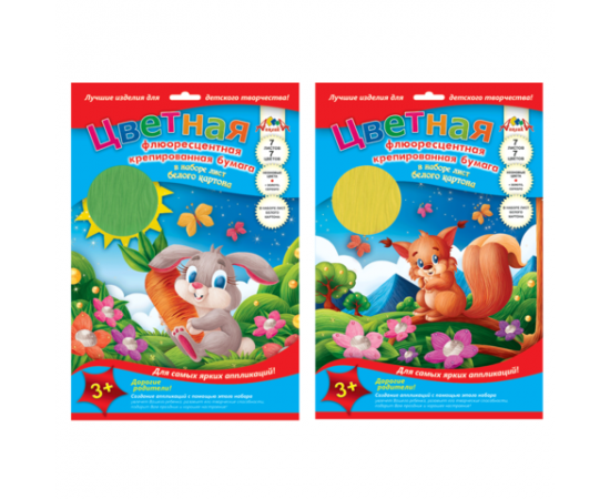 Цветная бумага А4,АППЛИКА,7л.,7цв.+1л.бел.картон,Крепированная,Флюоресцентная