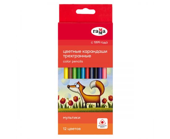 Карандаши цветные Гамма "Мультики", 12цв., трехгранные, заточен., картон. упак., европодвес