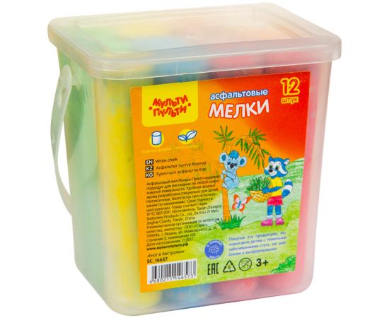 Мел цветной Мульти-Пульти, набор  12шт., для рисования на асфальте, пластиковое ведро