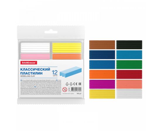 Пластилин 12 цветов, 192 гр, блистер, европодвес Basic light pack Erich Krause 53756