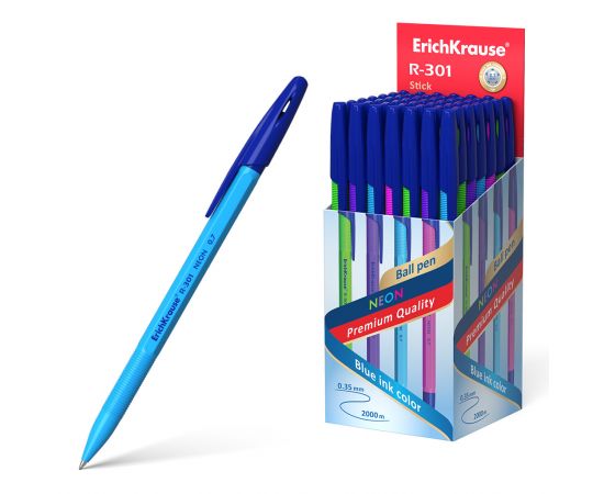 Ручка шариковая ErichKrause R-301 Stick Neon 0.7, цвет чернил синий (в коробке по 50 шт.)
