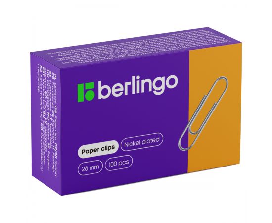 Скрепки BERLINGO 28мм/100шт,никелированные