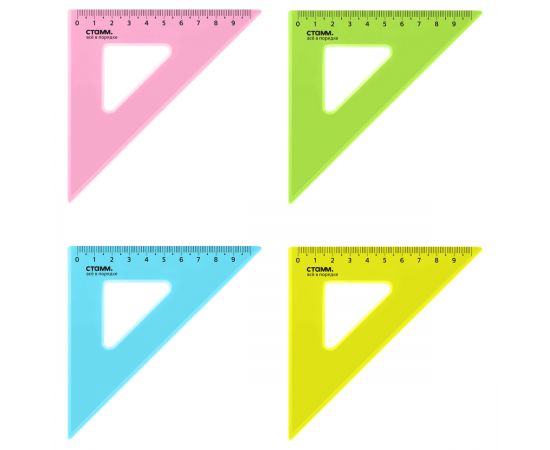 Треугольник 45°, 9см СТАММ, пластиковый, прозрачный, неоновые цвета, ассорти ТК32