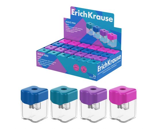 Точилка пластиковая ErichKrause Wave Mini, Vivid, с контейнером, ассорти