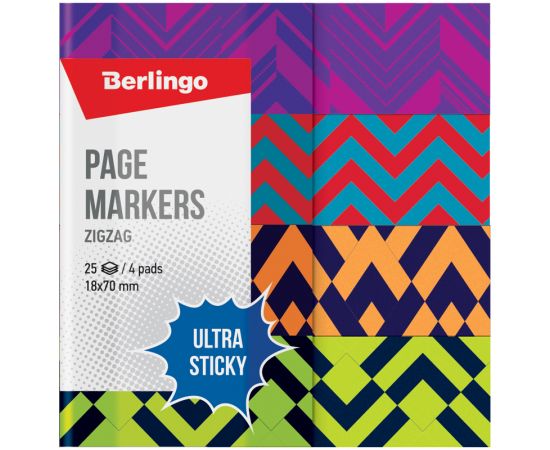 Флажки-закладки Berlingo "Ultra Sticky" "Zigzag", 18*70мм, бумажные, в книжке, с дизайном, 25л*4 бл.