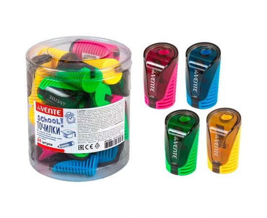 Точилка пластиковая с 1 отверстием и контейнером deVENTE School ассорти